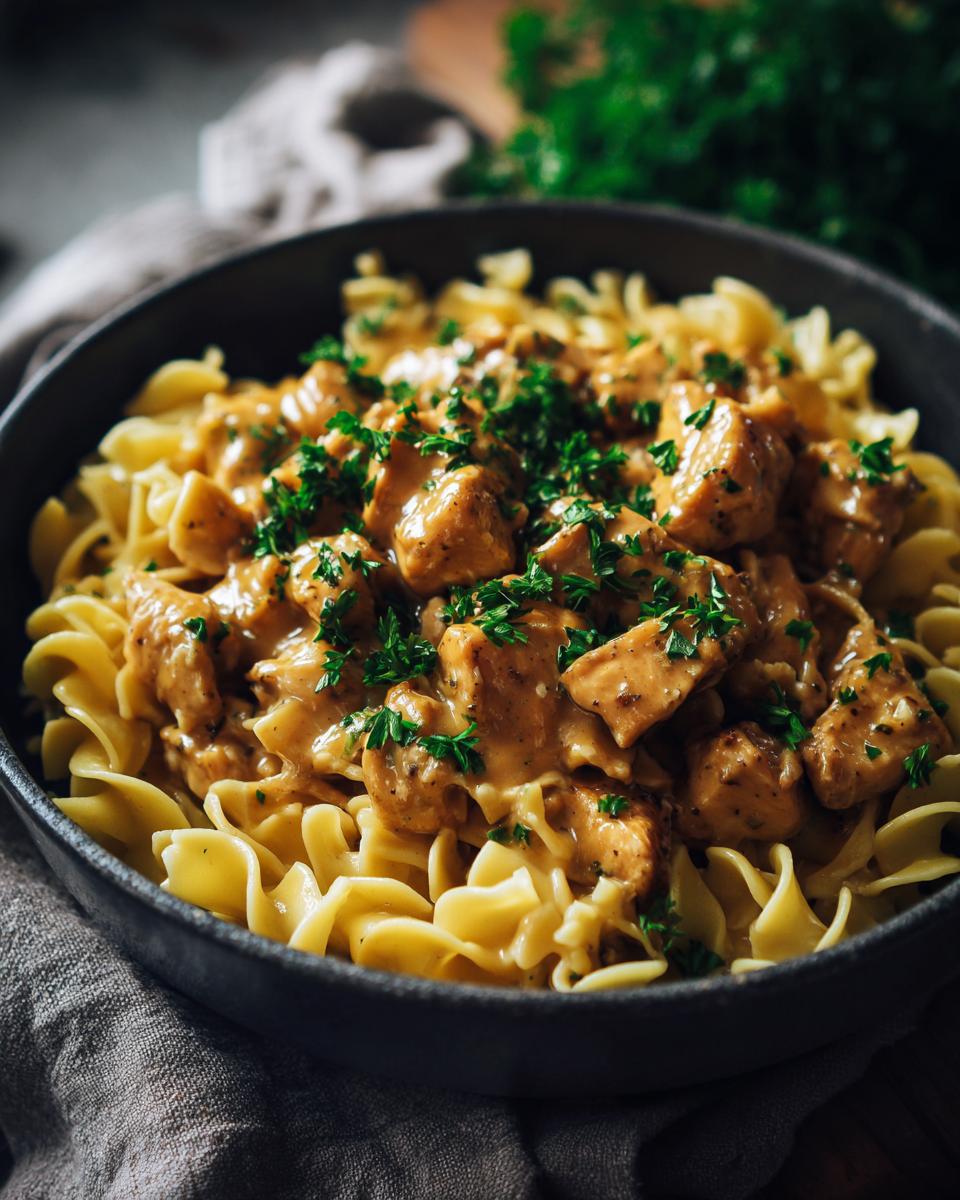 A close-up of chicken with buttered noodles, garnished with fresh parsley, served in a dark bowl.