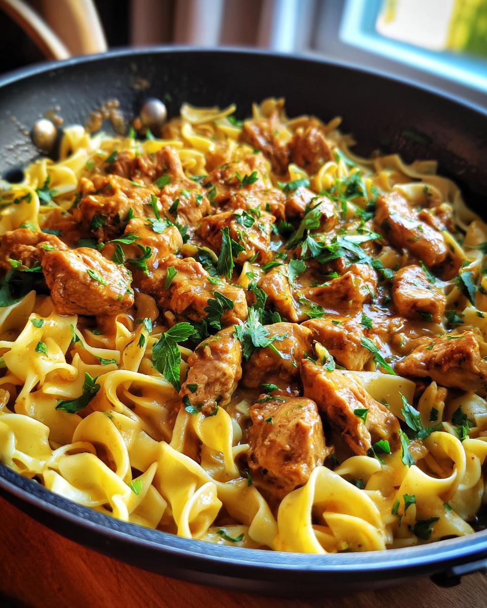 Close-up of tender chicken pieces in a creamy sauce served over wide buttered noodles, garnished with fresh parsley.