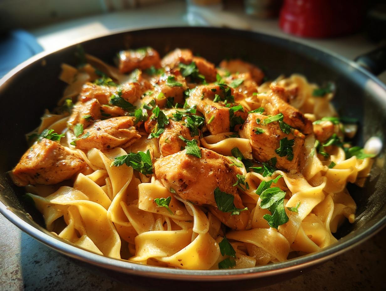 A close-up of tender chicken pieces served over wide buttered noodles, garnished with fresh parsley, in a skillet.