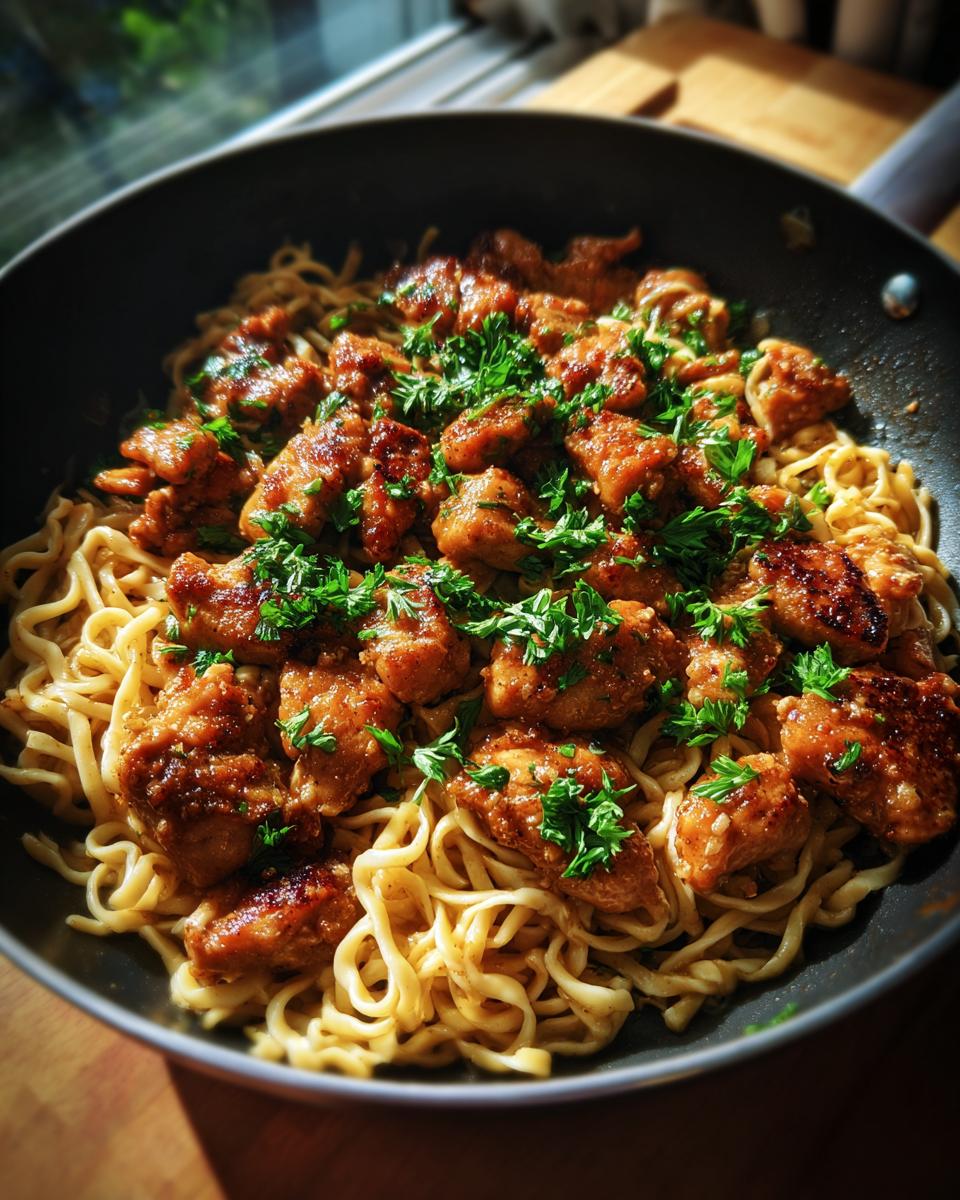 A close-up view of chicken with buttered noodles in a skillet, garnished with fresh parsley.