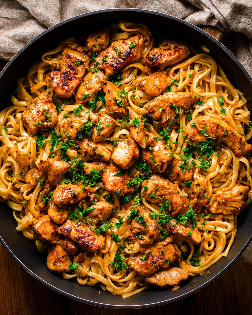 A close-up overhead view of chicken with buttered noodles in a black skillet, garnished with fresh parsley.