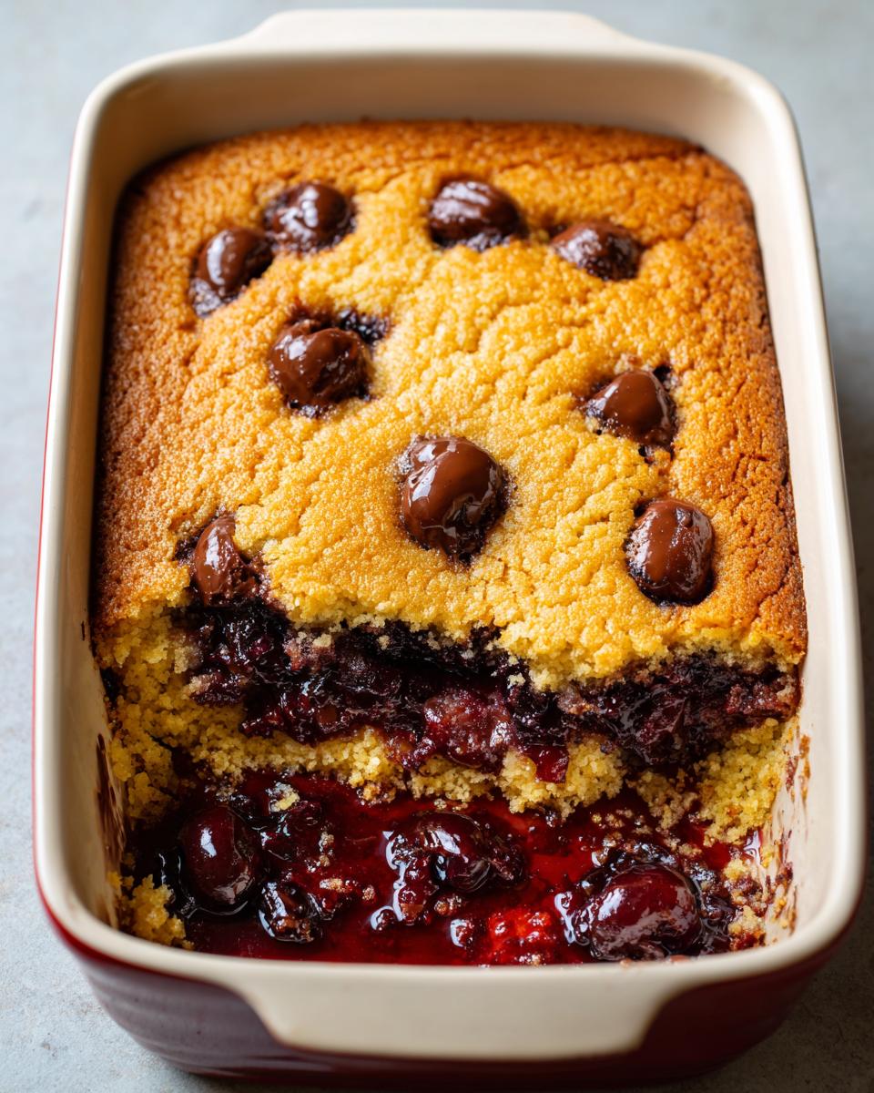 A close-up view of a freshly baked 3-ingredient chocolate cherry dump cake in a red and cream baking dish.