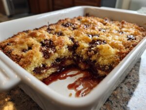 A close-up of a freshly baked chocolate cherry dump cake in a white baking dish, showing gooey cherry filling and melted chocolate chips.
