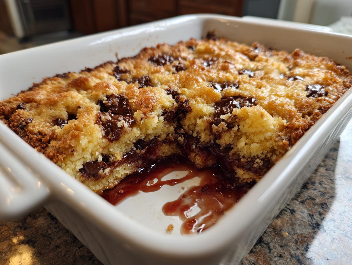 A close-up of a freshly baked chocolate cherry dump cake in a white baking dish, showing gooey cherry filling and melted chocolate chips.