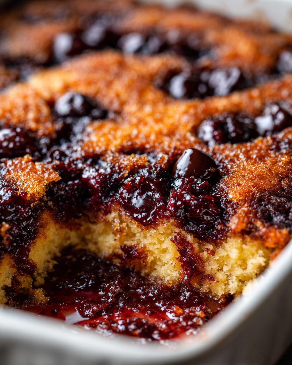 A close-up shot of a freshly baked chocolate cherry dump cake, showing the moist cake layers and bubbling cherry filling.