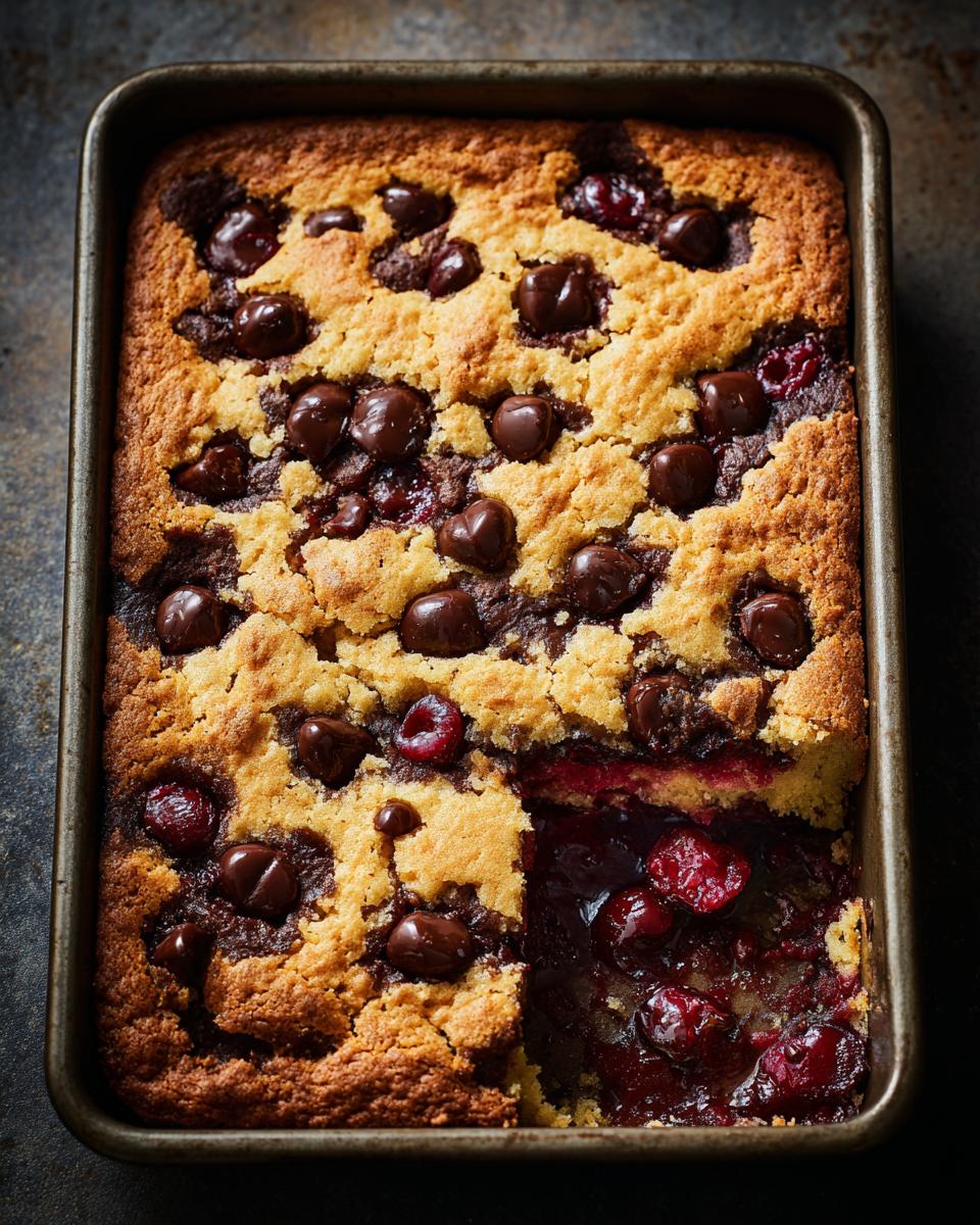 A close-up overhead view of a freshly baked chocolate cherry dump cake in a baking pan, with a slice removed to reveal the gooey cherry filling.