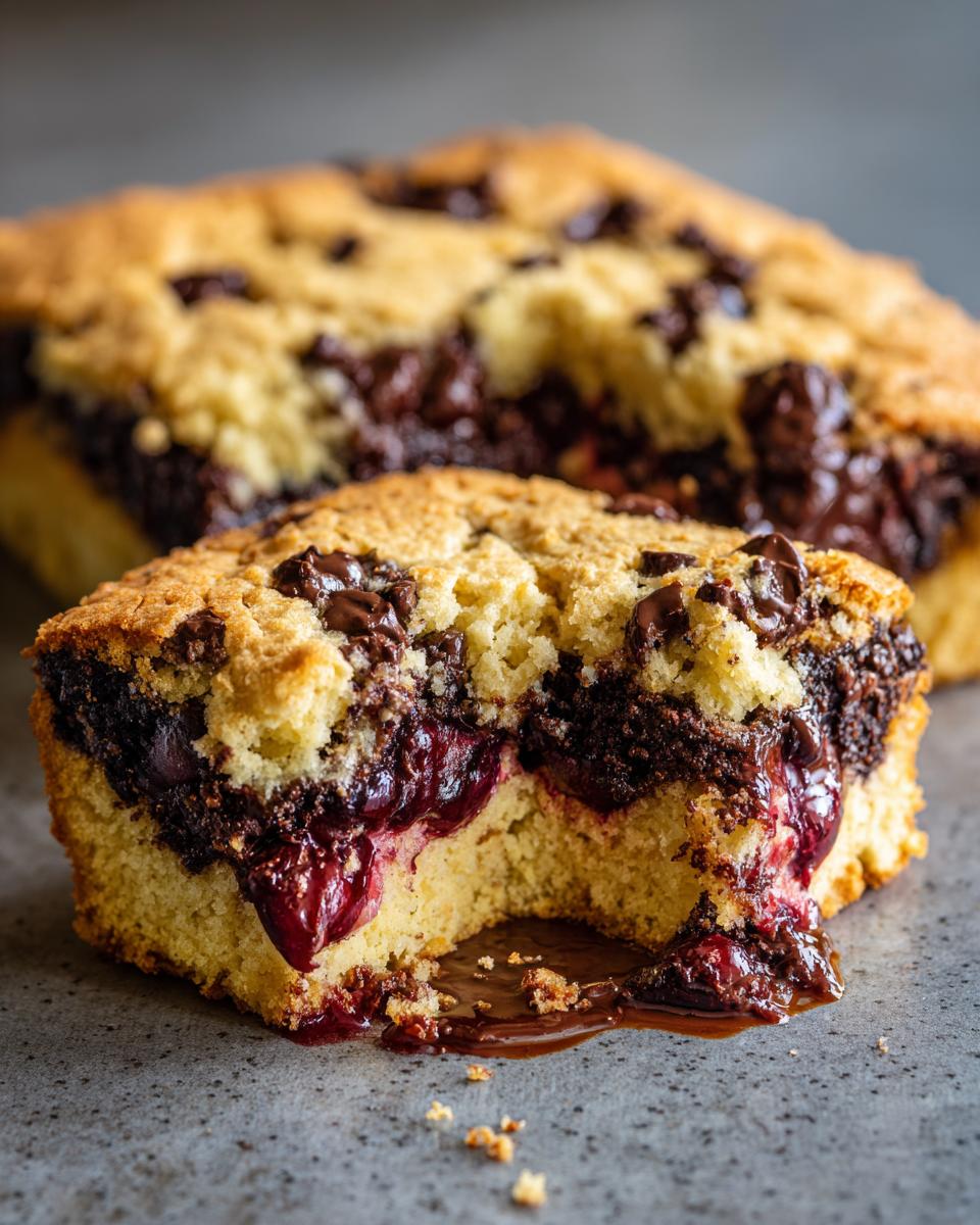 A close-up of a slice of chocolate cherry dump cake, revealing a gooey cherry and chocolate filling.