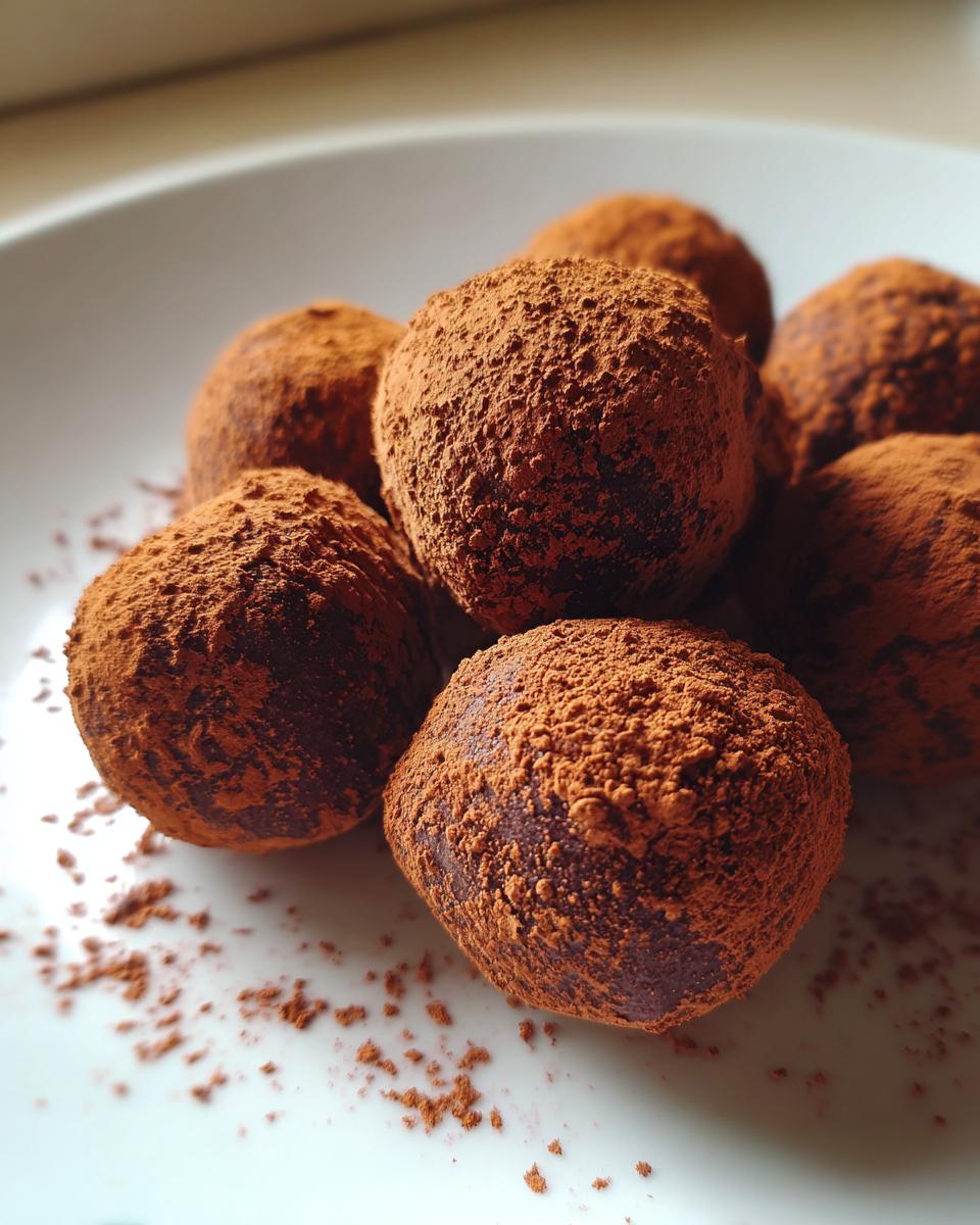 A close-up of several decadent chocolate ricotta truffles dusted generously with cocoa powder on a white plate.
