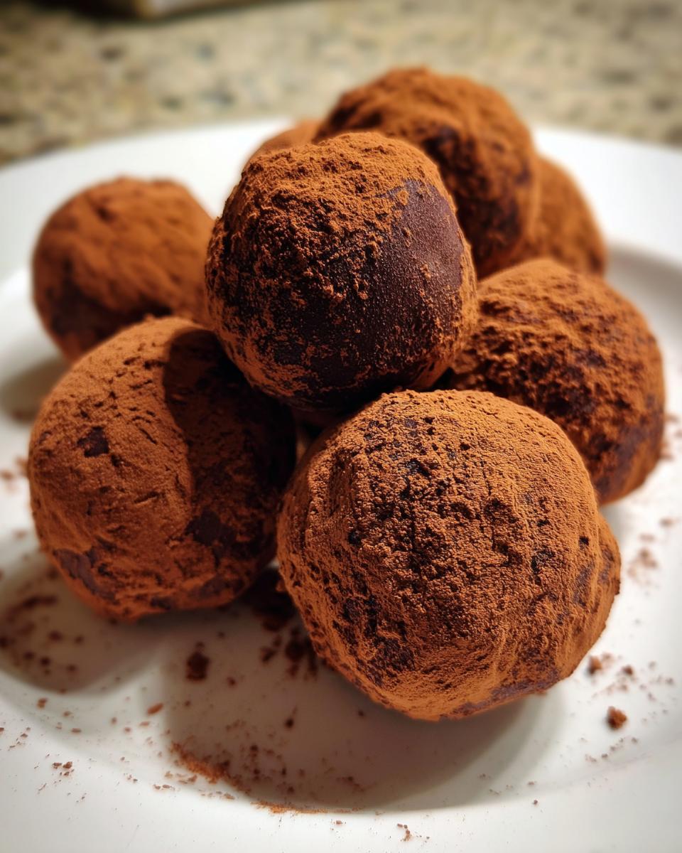 A pile of rich chocolate ricotta truffles generously dusted with cocoa powder on a white plate.
