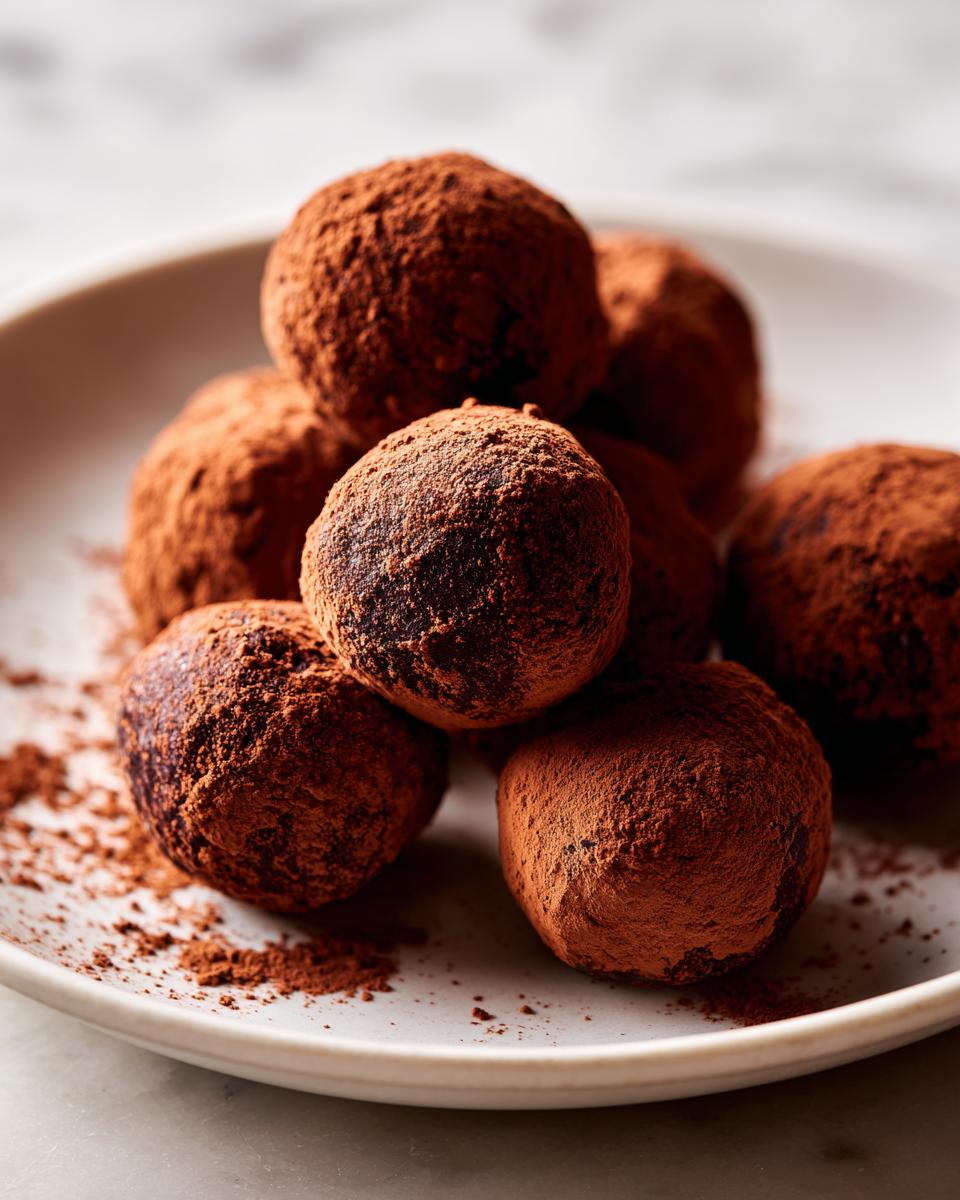 A pile of rich chocolate ricotta truffles generously dusted with cocoa powder on a white plate.
