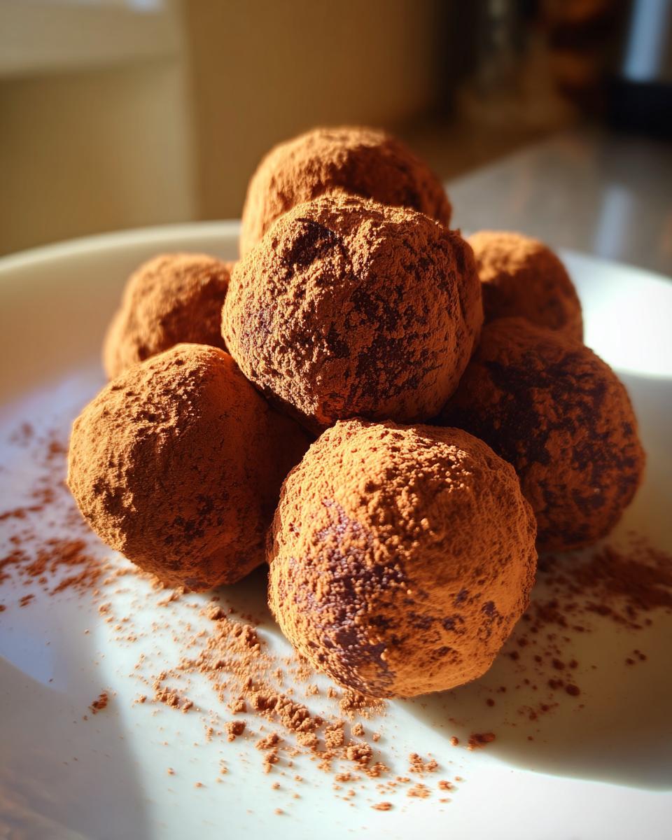 A pile of rich chocolate ricotta truffles dusted with cocoa powder on a white plate.