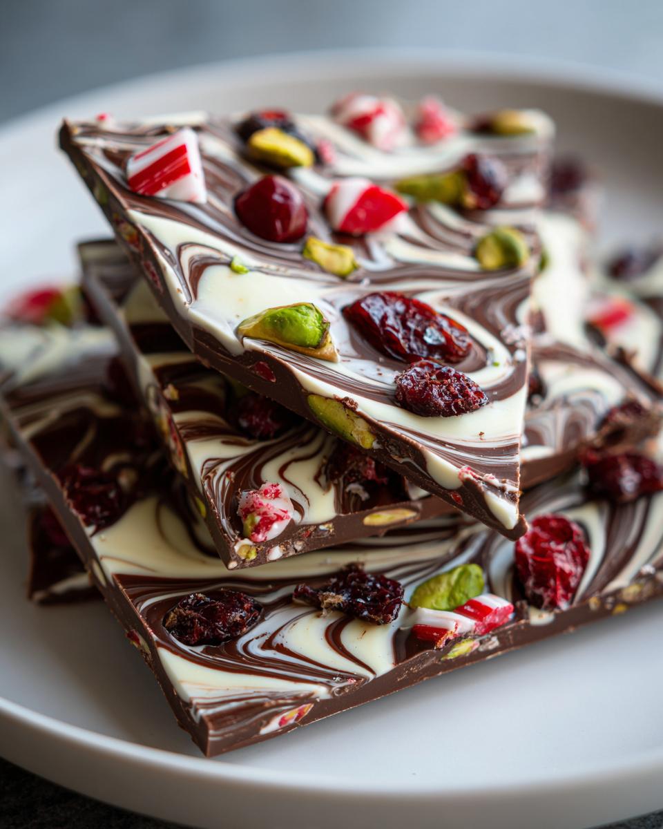 Close-up of swirled dark and white chocolate Christmas bark topped with dried cranberries, pistachios, and crushed candy canes.
