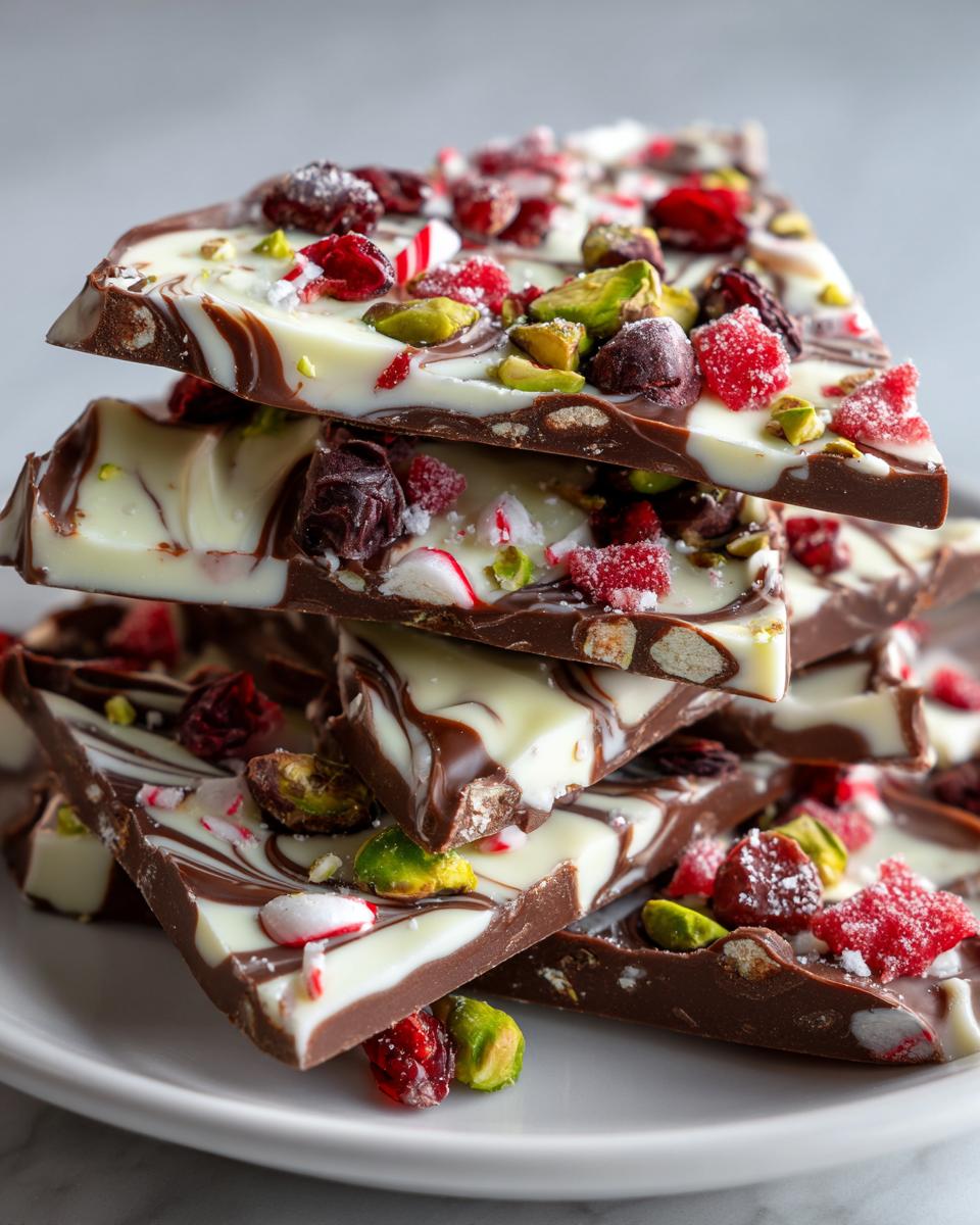 A stack of festive Christmas bark pieces, swirled with dark and white chocolate, topped with cranberries, pistachios, and crushed candy canes.