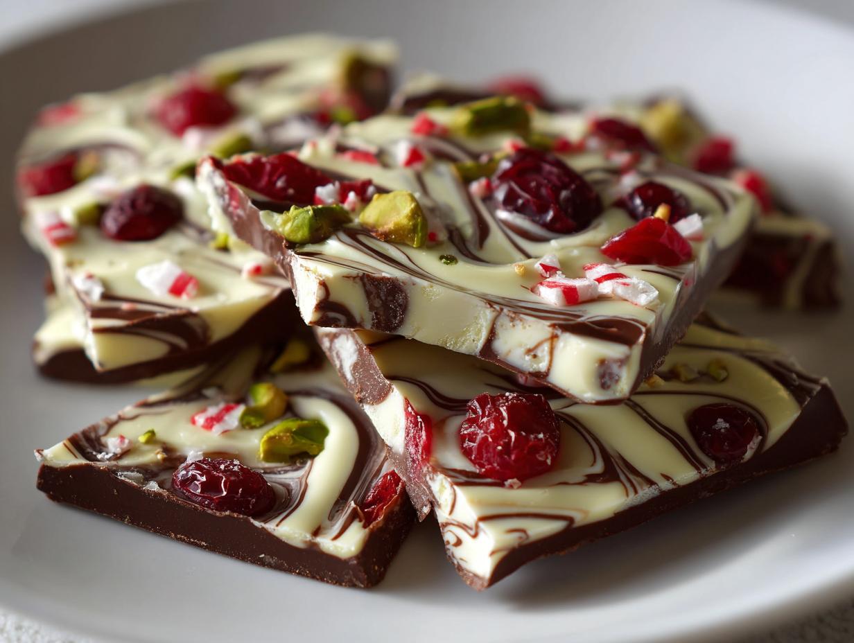 Close-up of swirled dark and white chocolate Christmas bark topped with cranberries, pistachios, and crushed candy canes.