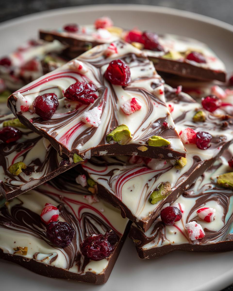 Close-up of swirls of dark and white chocolate Christmas bark topped with cranberries, pistachios, and crushed candy canes.
