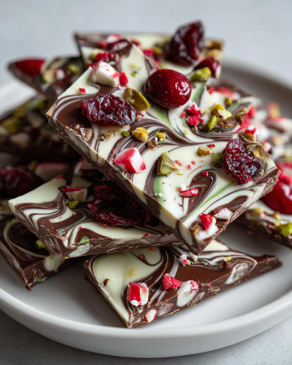 Close-up of stacked pieces of easy Christmas bark with swirled dark and white chocolate, topped with cranberries, pistachios, and crushed candy canes.