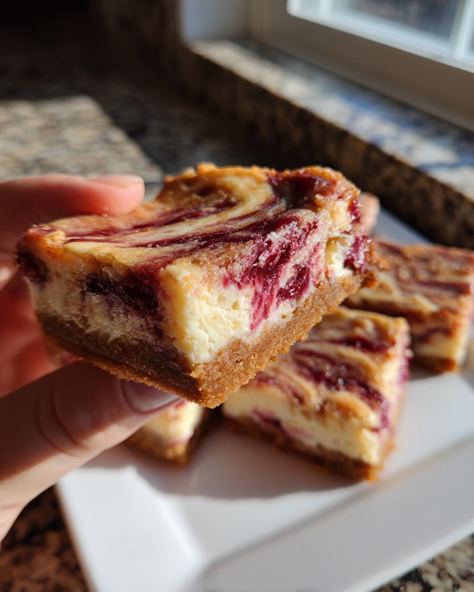 Close-up of a hand holding a festive Christmas cheesecake bar with a vibrant berry swirl and graham cracker crust.
