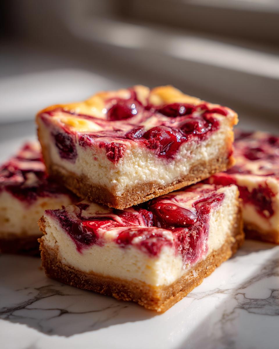 Close-up of stacked Christmas cheesecake bars with a vibrant cherry swirl and a graham cracker crust.