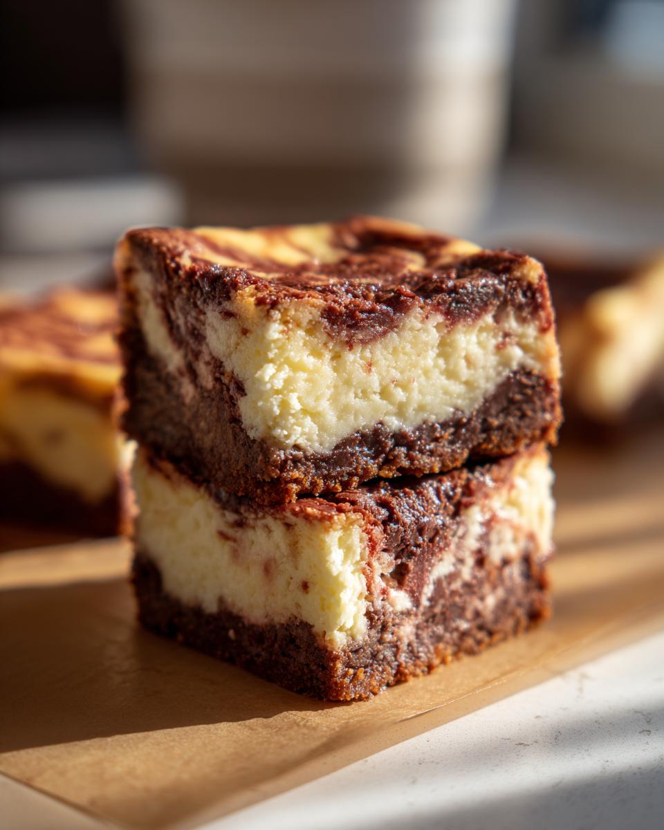 A close-up of two festive Christmas cheesecake bars stacked on top of each other, showcasing the chocolate and cream cheese layers.