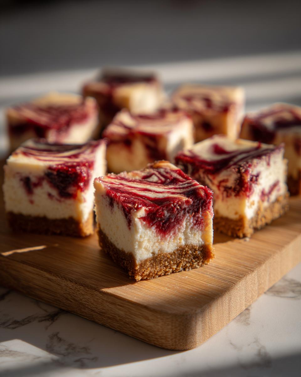 Close-up of Christmas cheesecake bars with a red berry swirl on a wooden board.