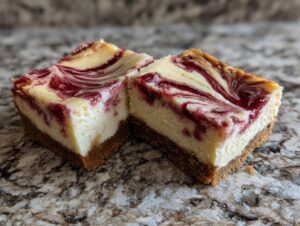 Two festive Christmas cheesecake bars with a graham cracker crust and red berry swirls.