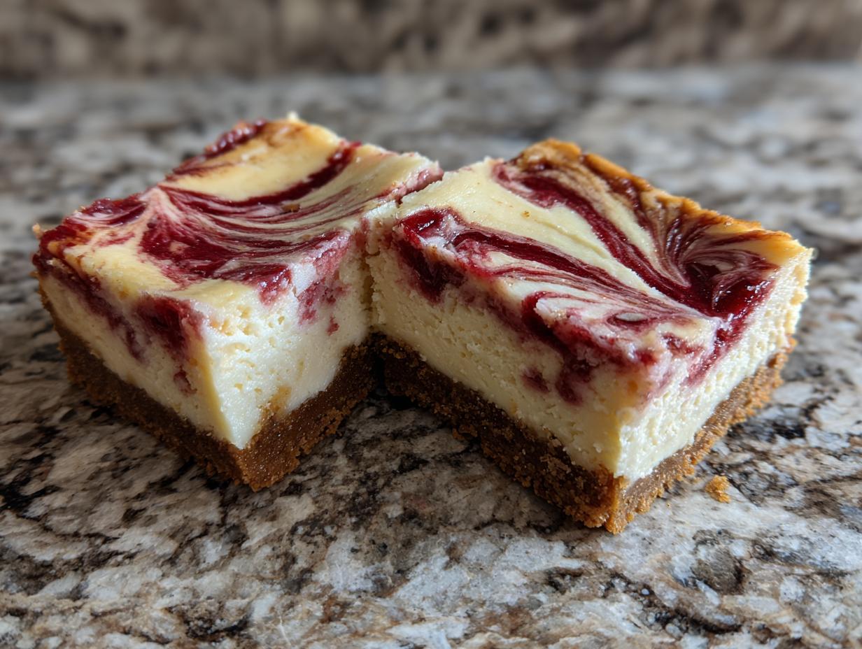 Two festive Christmas cheesecake bars with a graham cracker crust and red berry swirls.