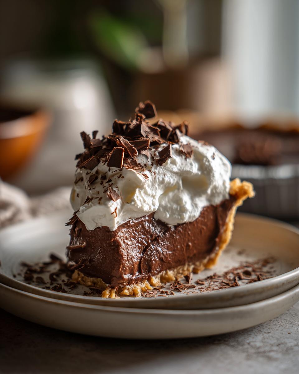 A slice of rich Christmas chocolate pie topped with whipped cream and chocolate shavings.