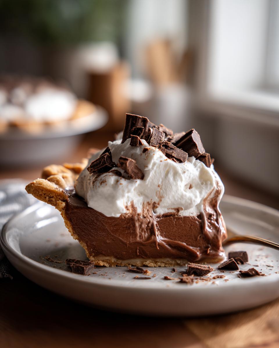 A decadent slice of Christmas chocolate pie topped with whipped cream and chocolate shavings.