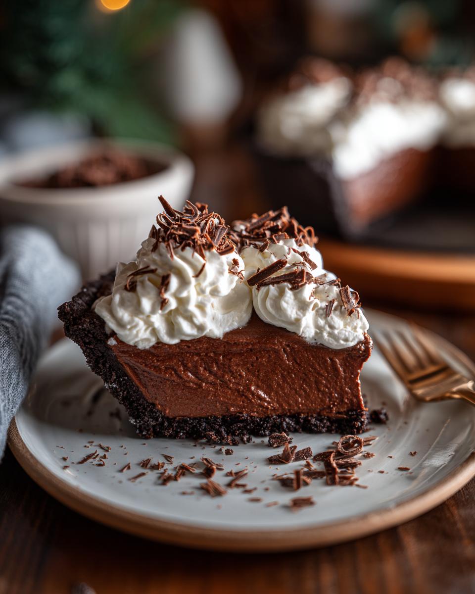 A decadent slice of Christmas chocolate pie topped with whipped cream and chocolate shavings, served on a plate.