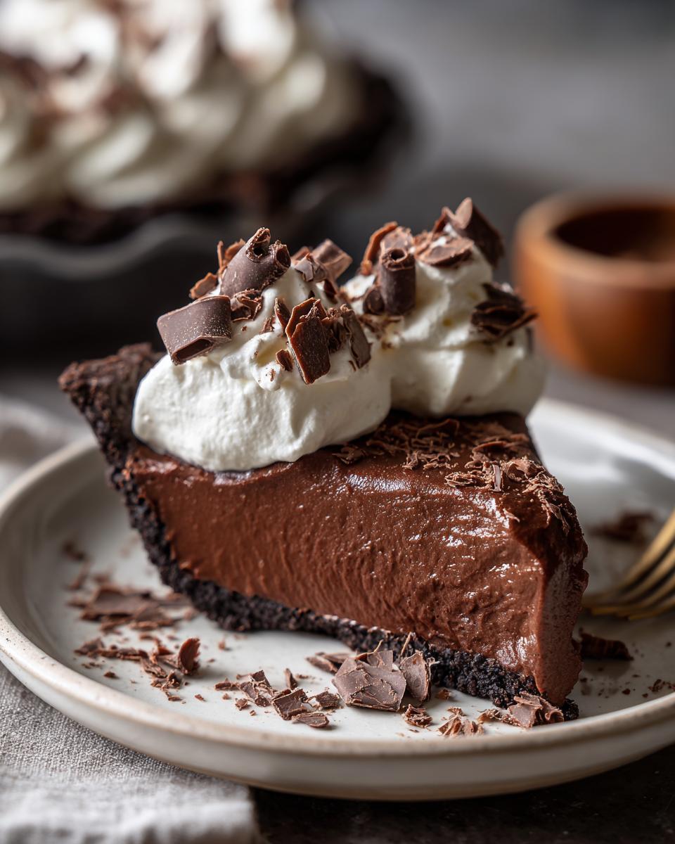 A slice of rich Christmas chocolate pie topped with whipped cream and chocolate shavings.