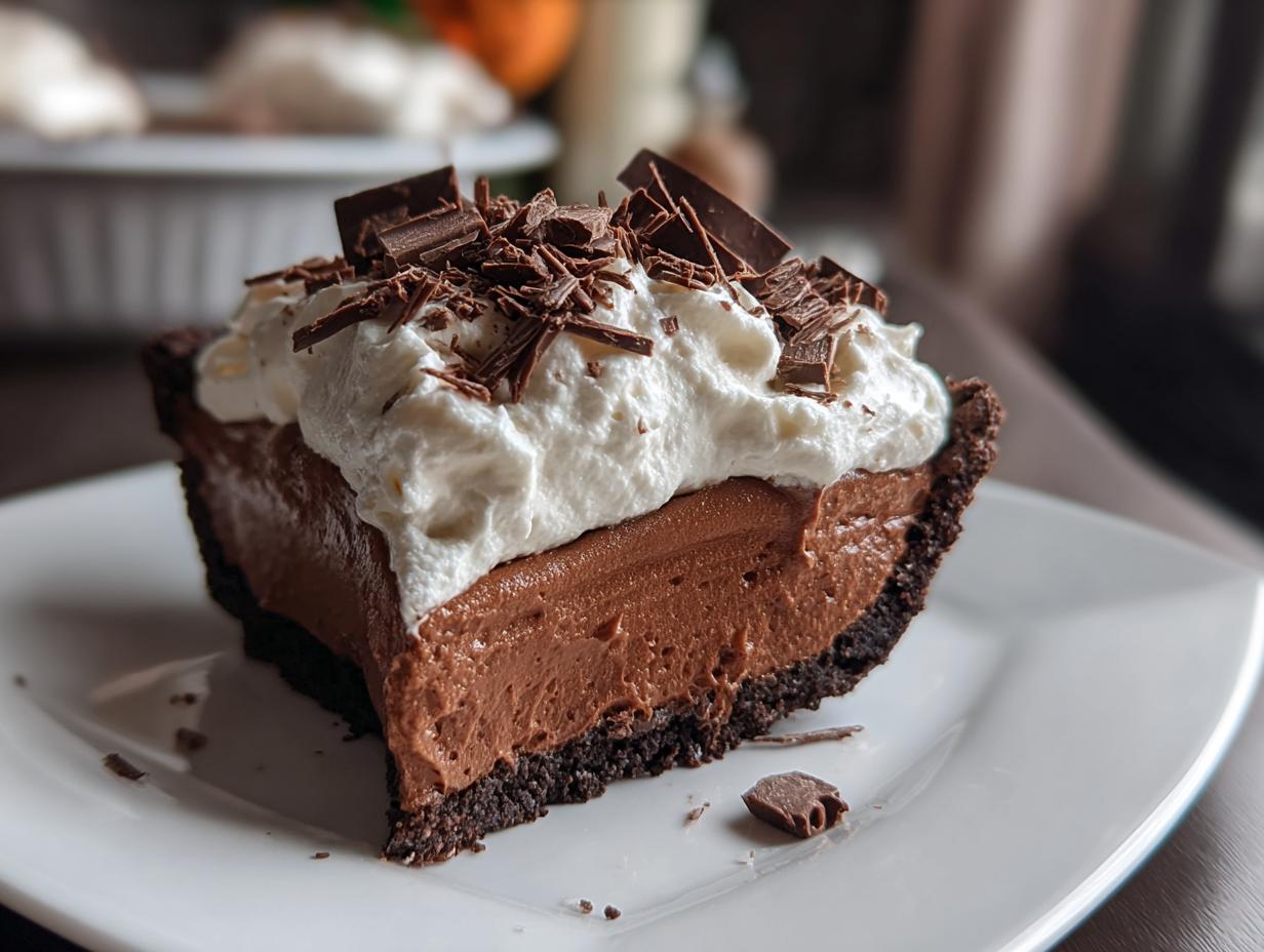 A decadent slice of Christmas chocolate pie topped with fluffy whipped cream and chocolate shavings.