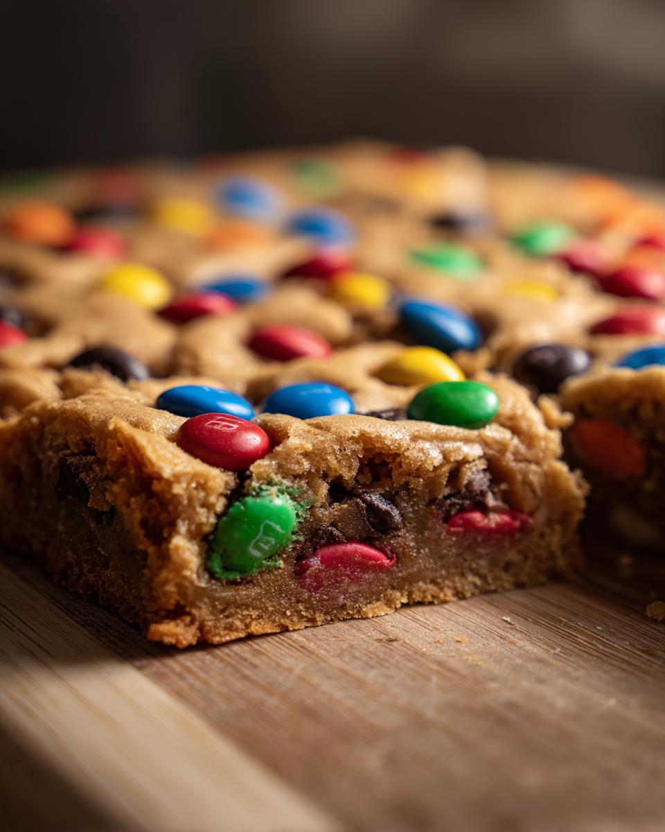 Close-up of a slice of Christmas cookie bars loaded with colorful M&Ms and chocolate chips.