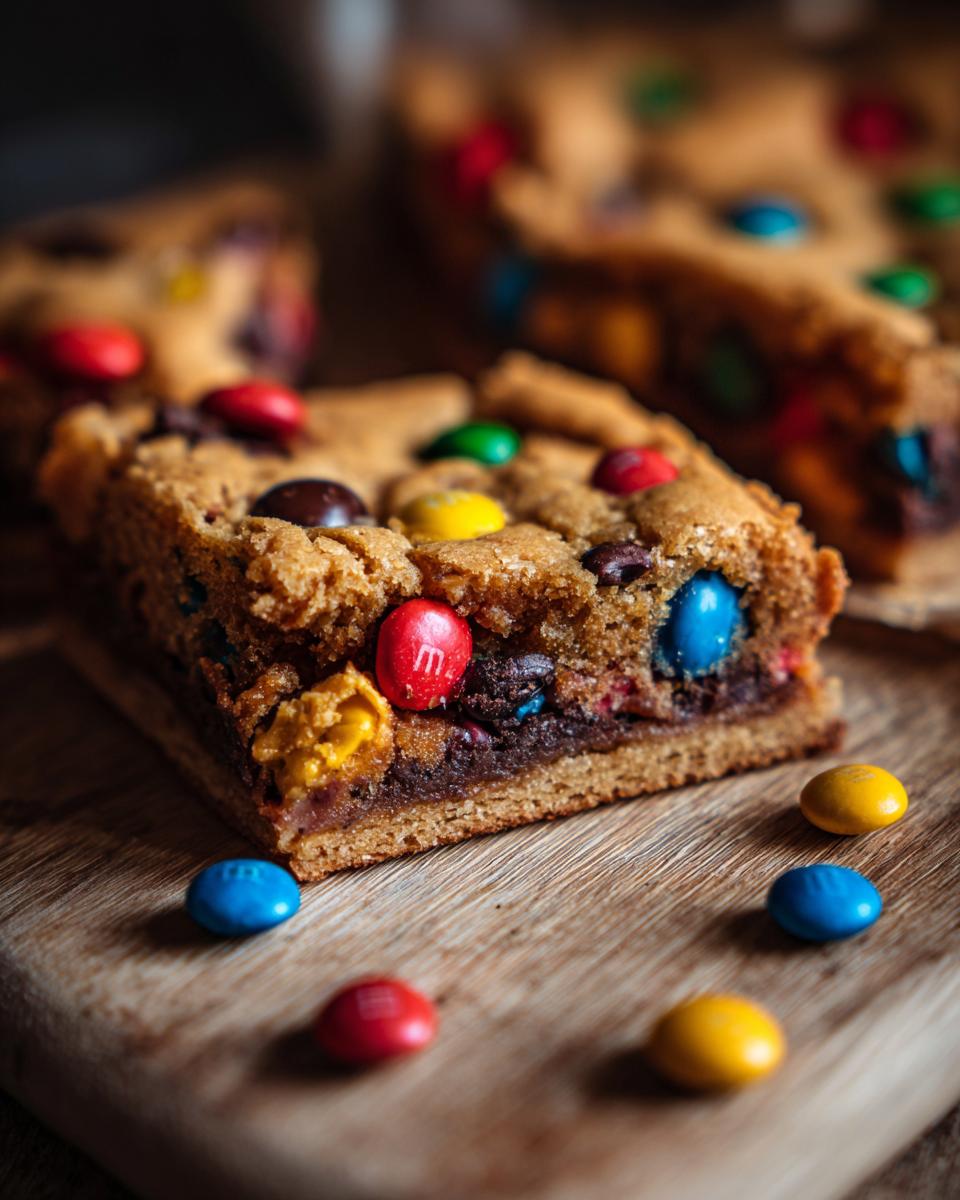 A close-up of a Christmas cookie bar topped with colorful M&Ms and chocolate chips.