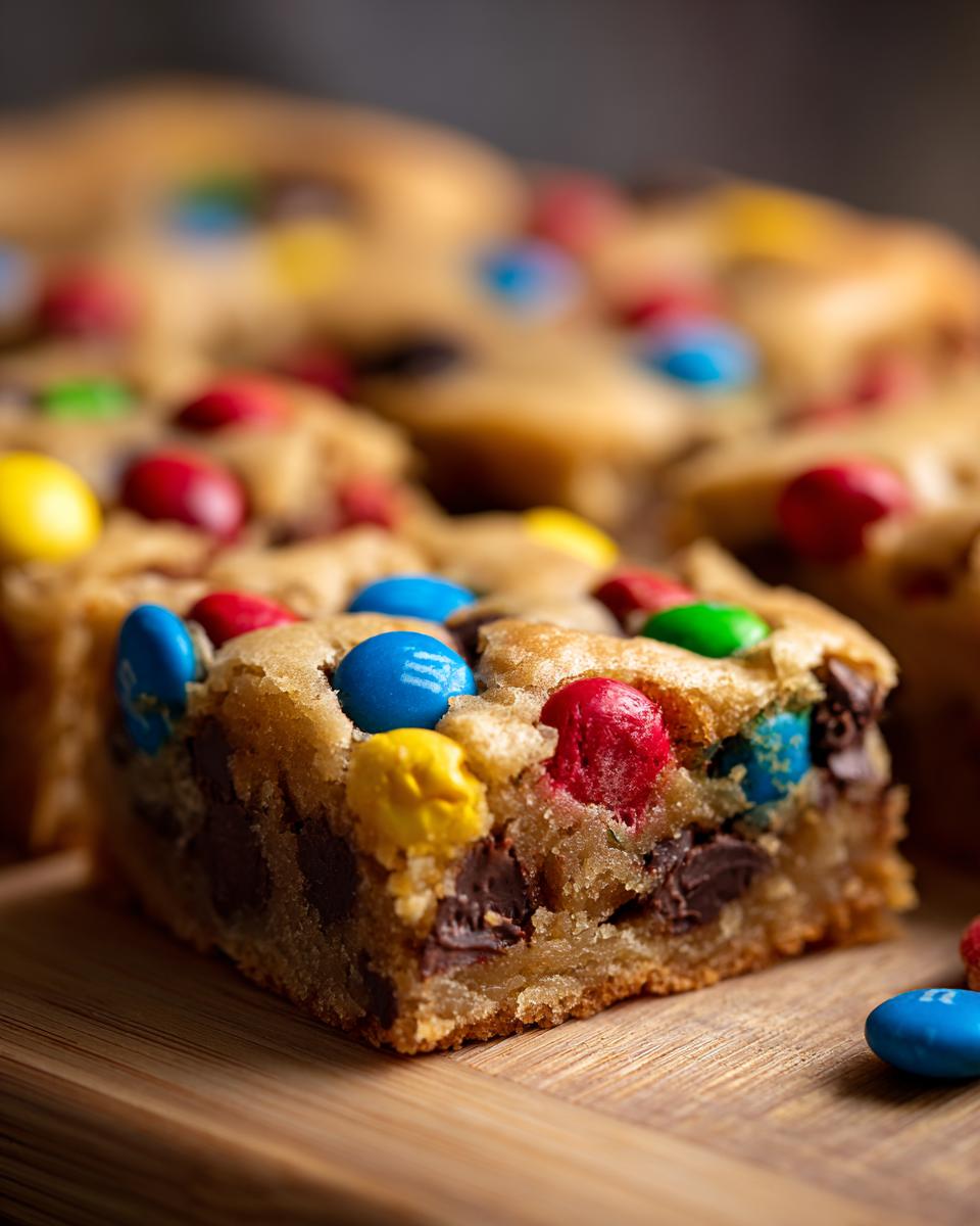 Close-up of a Christmas cookie bar topped with colorful M&Ms and chocolate chips.