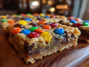 Close-up of easy Christmas cookie bars topped with colorful M&Ms and chocolate chips.
