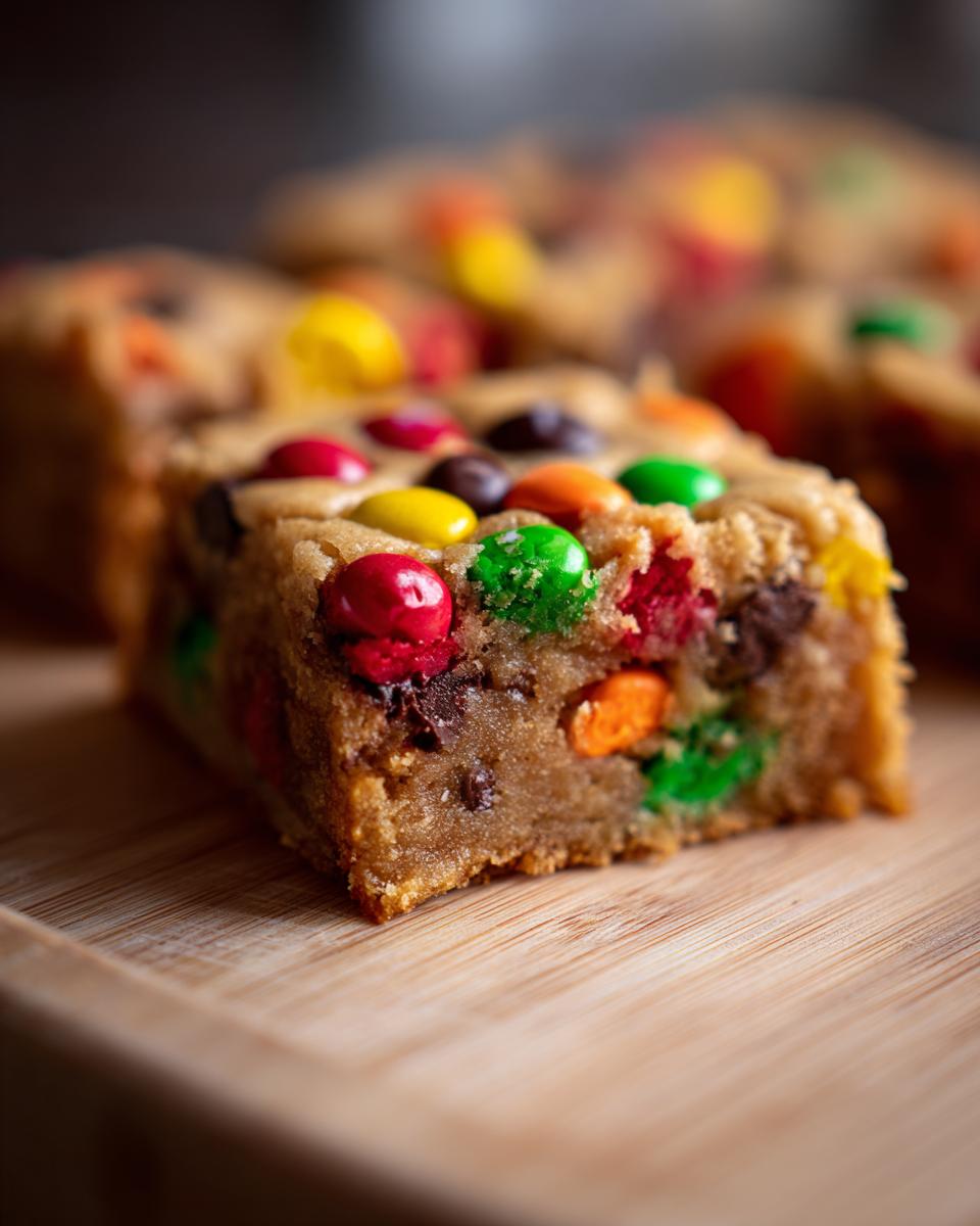 Close-up of a Christmas cookie bar loaded with colorful M&Ms and chocolate chips on a wooden cutting board.