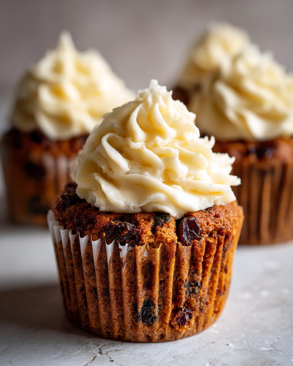 Close-up of a festive Christmas pudding cupcake topped with swirls of creamy white frosting and dried fruit.