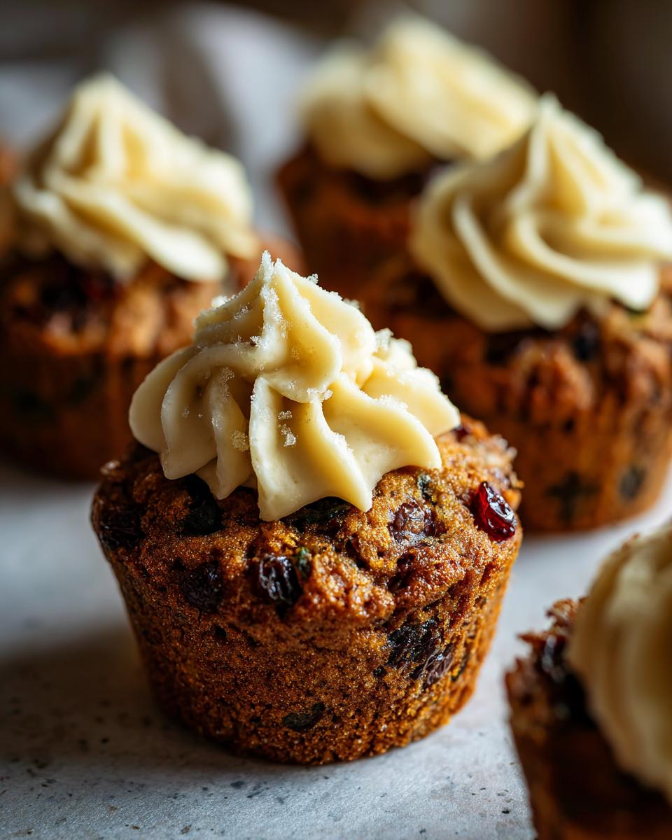 Close-up of a Christmas pudding cupcake topped with swirls of creamy frosting and sugar crystals.