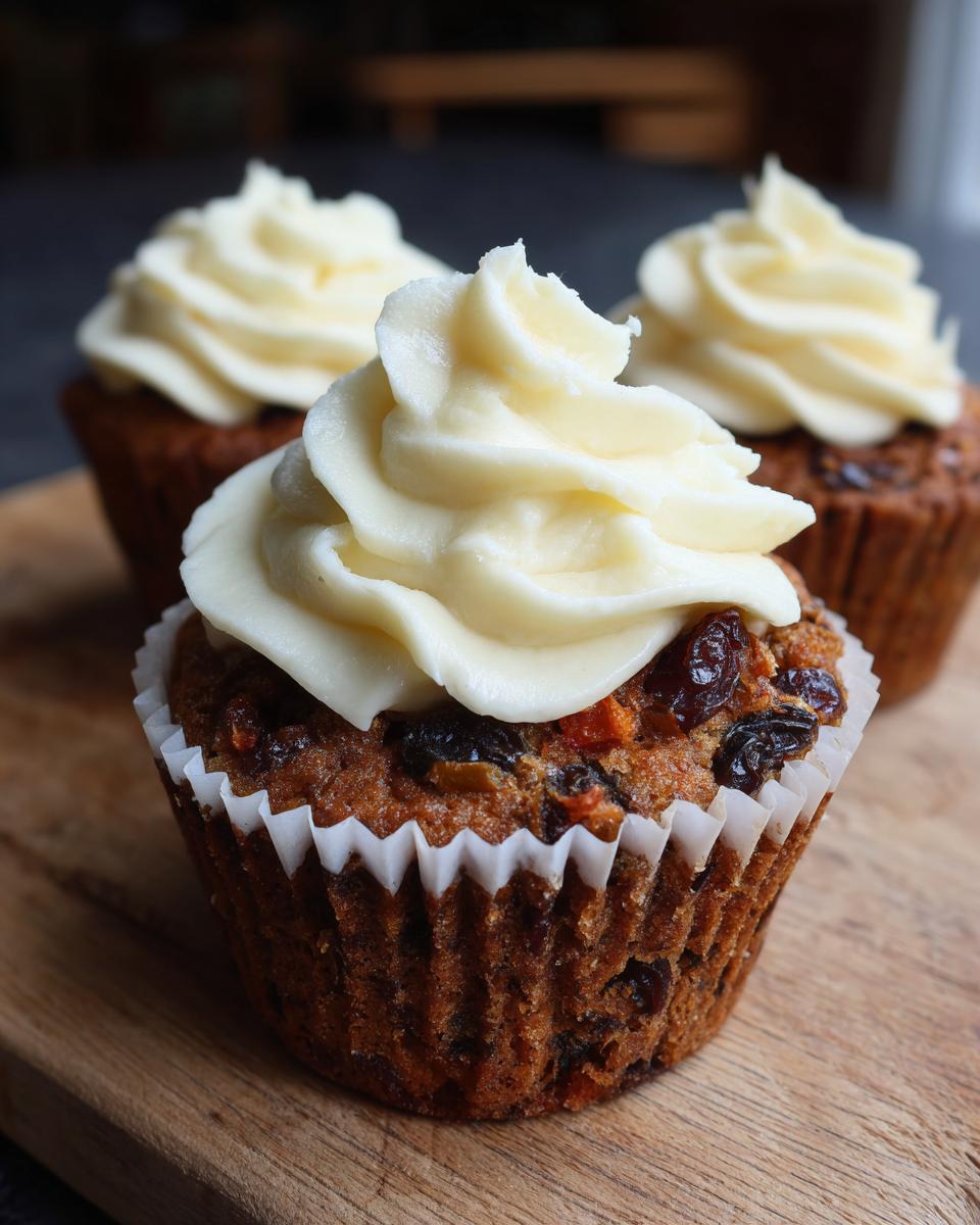 Three festive Christmas pudding cupcakes topped with swirls of creamy white frosting on a wooden board.