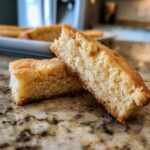 Close-up of two buttery Christmas shortbread cookies, showing their crumbly texture and golden-brown edges.
