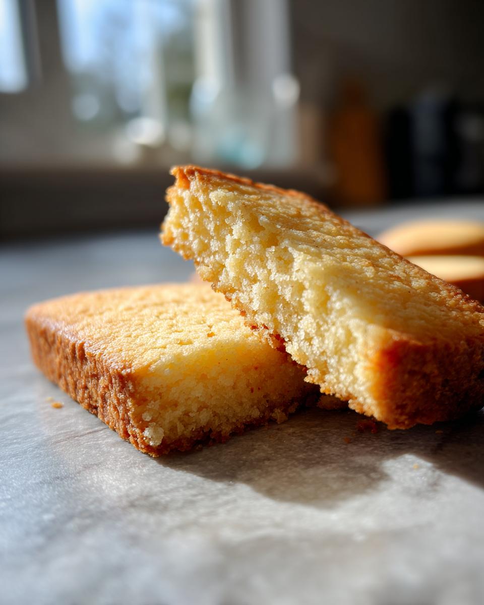 Close-up of two slices of Christmas shortbread cookies, showing their texture and golden-brown crust.
