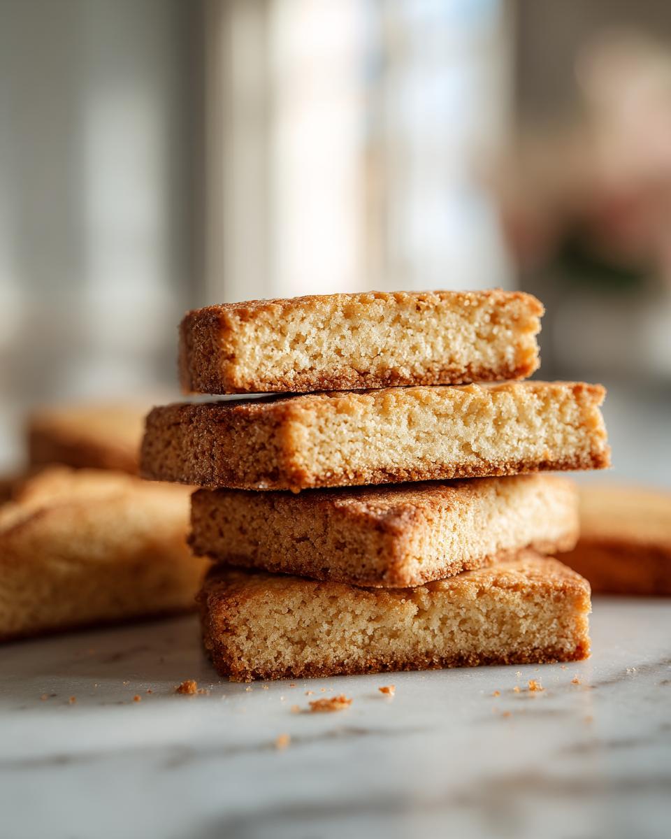 A stack of golden brown Christmas shortbread cookies on a marble surface.