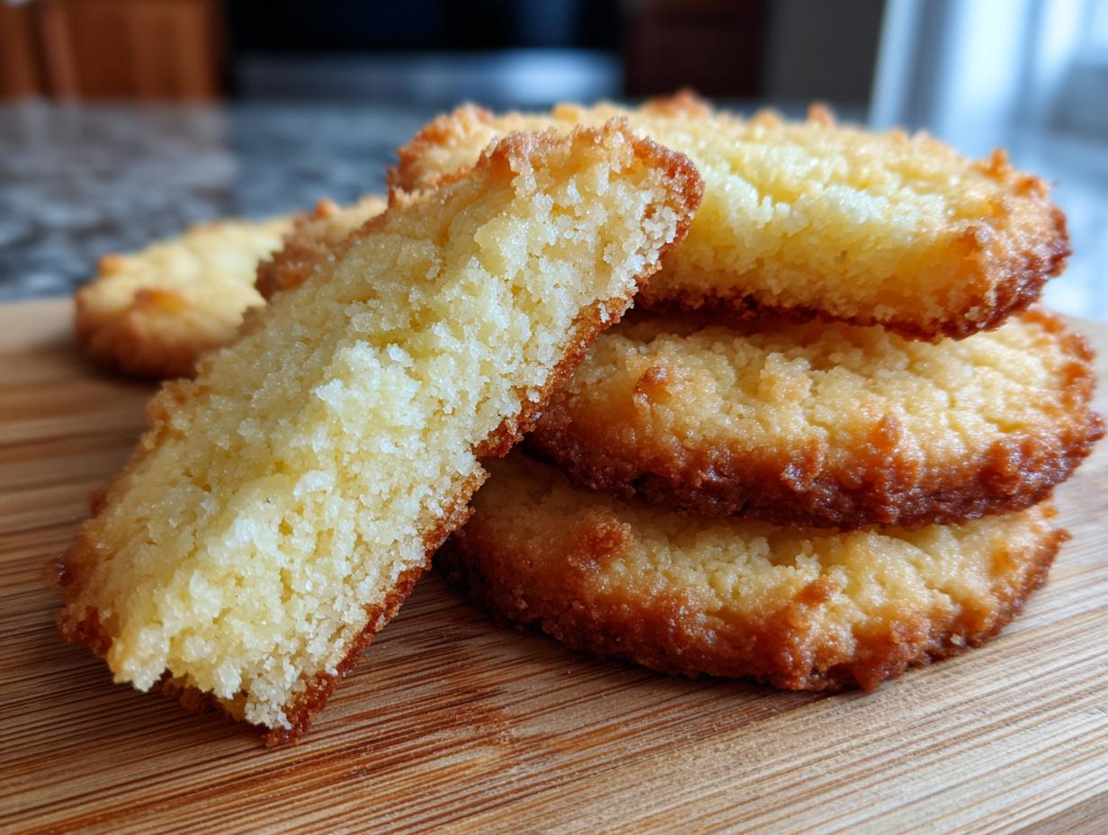A close-up of golden-brown Christmas shortbread cookies stacked on a wooden board. One cookie is broken to show its crumbly texture.