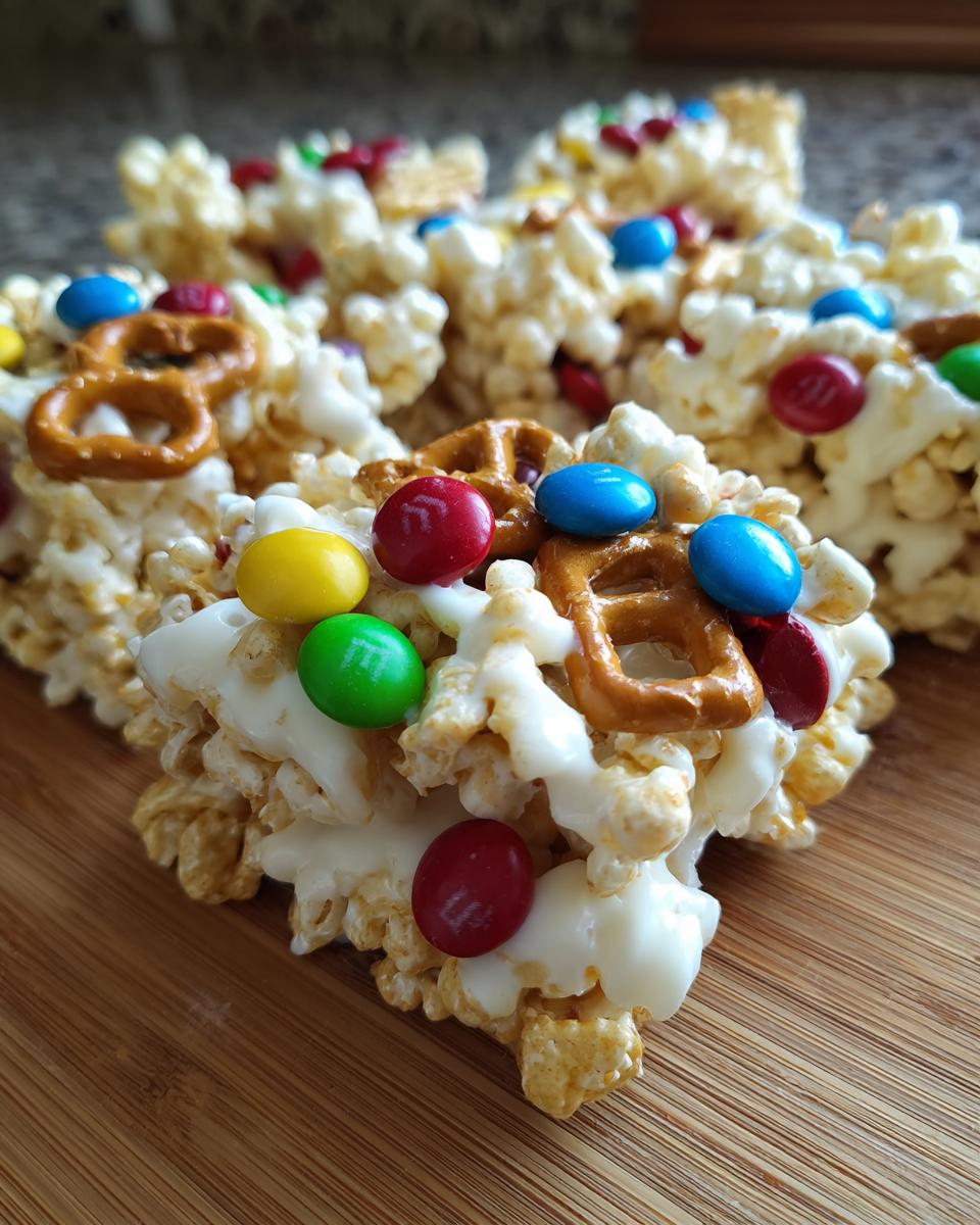 Close-up of festive Christmas snack mix bars, featuring puffed cereal, pretzels, and colorful M&Ms.