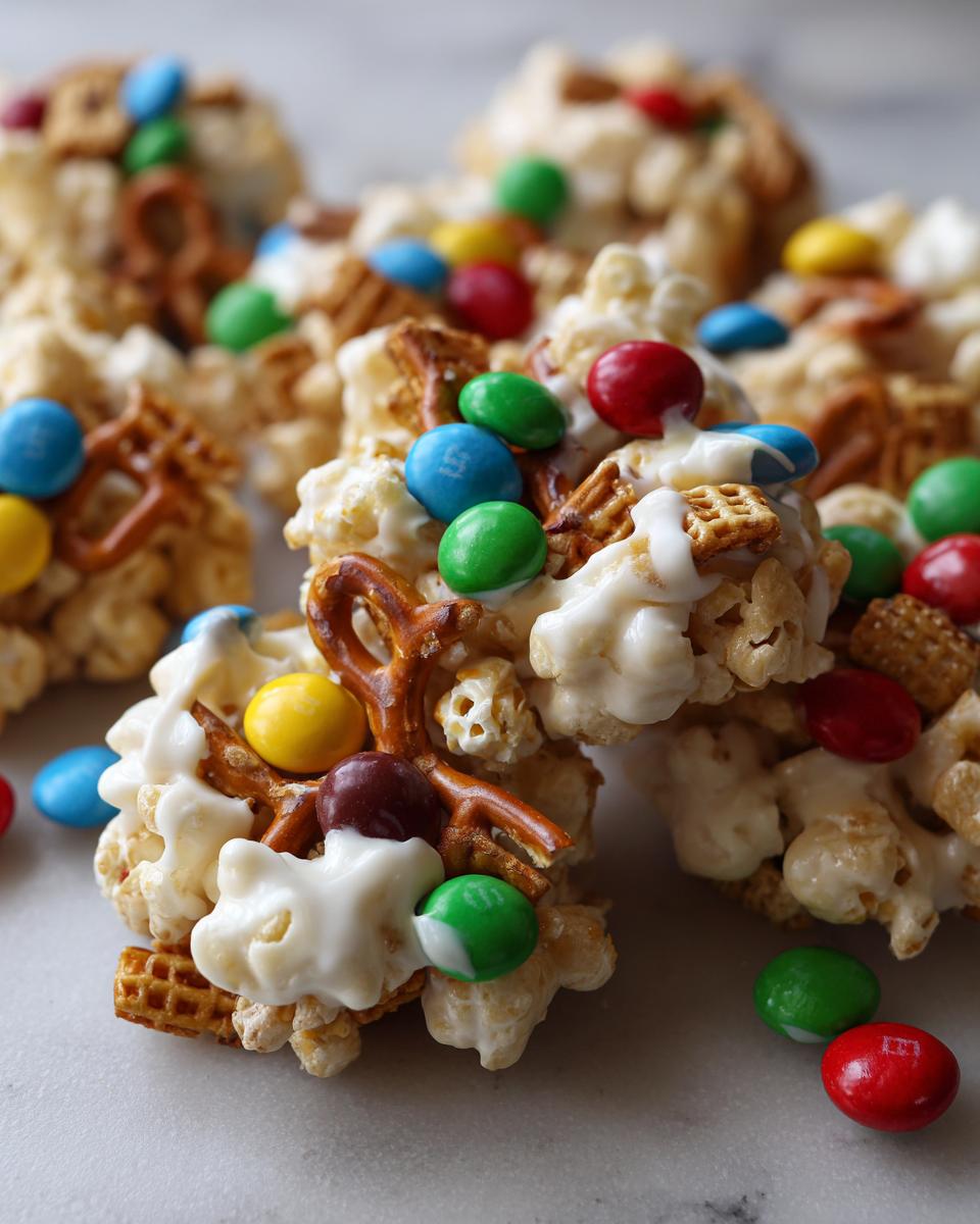 Close-up of festive Christmas snack mix clusters made with popcorn, pretzels, and colorful M&Ms, drizzled with white chocolate.