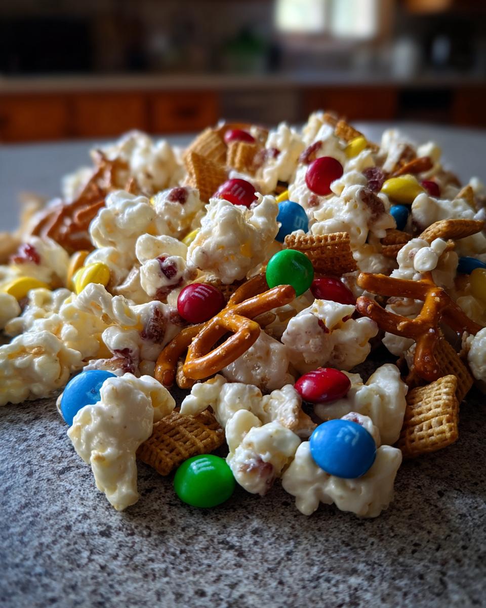 A close-up of a pile of Christmas snack mix, featuring popcorn, pretzels, M&Ms, and cereal squares.