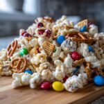 A close-up of a festive Christmas snack mix featuring popcorn, pretzels, candies, and crackers.