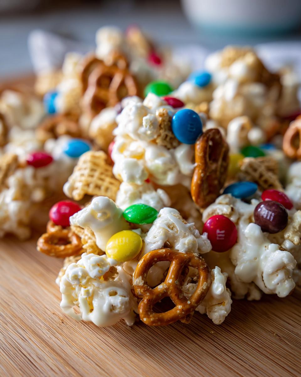 A close-up of a festive Christmas snack mix featuring popcorn, pretzels, and colorful M&Ms.