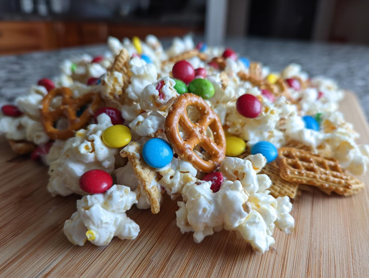 A colorful pile of Christmas snack mix featuring popcorn, pretzels, M&Ms, and waffle cookies on a wooden board.