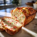 A festive loaf of Christmas sprinkle buttermilk bread, sliced to reveal colorful red and green sprinkles within the tender crumb.